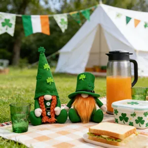 St. Patrick's Day faceless gnome plush toys set with shamrock hats for holiday decoration.