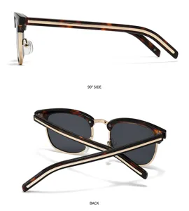 Detailed side and back view of retro browline sunglasses featuring tortoise shell and metal frame.