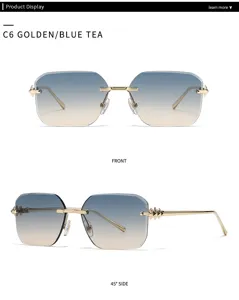 Chics lunettes de soleil carrées sans monture pour femmes avec branches dorées et verres dégradés.
