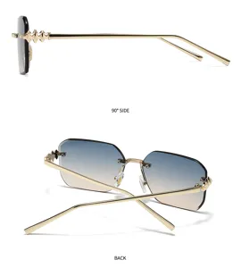 Vue détaillée de lunettes de soleil carrées sans monture avec branches à clous dorés.