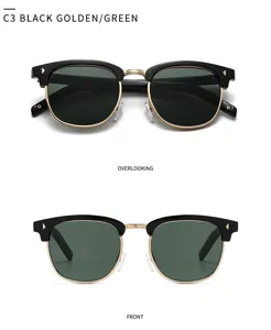 Vintage browline sunglasses for men and women black gold frame green lens UV400 outdoor eyewear