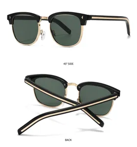 Detailed view of vintage browline sunglasses showing black gold frame and green lenses.