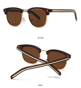 Retro browline sunglasses detail view showcasing the gold frame and brown gradient lenses.