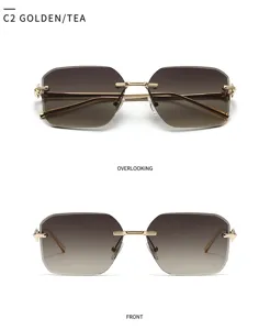 Lunettes de soleil carrées et sans monture pour femmes avec branches dorées cloutées chic.
