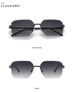 Lunettes de soleil carrées sans monture pour femmes avec verres dégradés gris et branches.