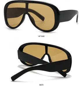 Oversized one-piece shield sunglasses black frame brown lens detail view 45 side and back