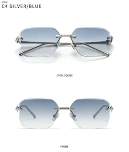 Lunettes de soleil carrées sans monture pour femmes avec verres dégradés et branches argentées.