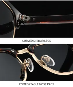 Close-up details of vintage semi-rimless sunglasses featuring exquisite hinges and nose pads.
