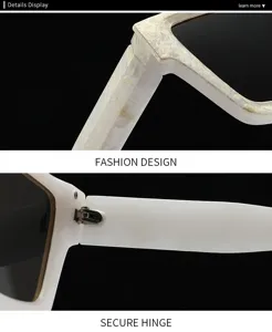 Stile europeo motivo marmo occhiali da sole quadrati visualizzazione dettagli, moda e cerniera.