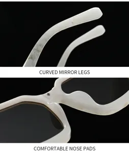 Vista dettaglio occhiali da sole quadrati motivo marmo con comodi naselli ergonomici.