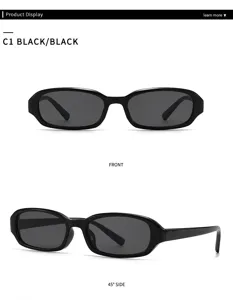 Retro schmale rechteckige schwarze Sonnenbrille Detailansicht von vorne und der Seite.
