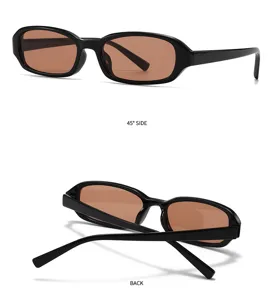 Detailansicht der Retro schmalen eckigen Sonnenbrille mit schwarzem Gestell und braunen Gläsern.