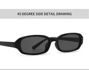 Retro schmale rechteckige Sonnenbrille im eleganten schwarzen Gestell, 45-Grad-Detail.