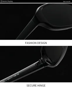 Detailansicht schwarzer Retro schmaler Sonnenbrille mit edlem Bügel und sicheren Scharnier.