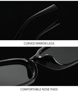 Retro schmale quadratische Sonnenbrille Detail mit gebogenen Bügeln und schwarzem Rahmen.