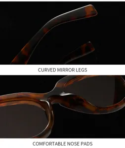 Tortoise shell cat eye sunglasses detail view showing curved mirror legs and comfortable nose pads.