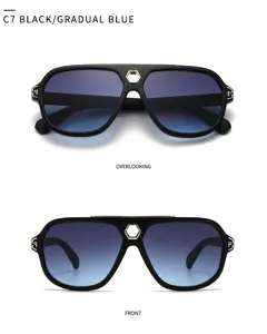 Detailansicht der Retro-Piloten-Sonnenbrille mit schwarzem Rahmen und blauen Verlaufslinsen.