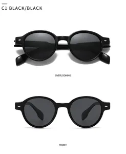 Vue détaillée de lunettes de soleil rondes polarisées noires, angles supérieur et de face.