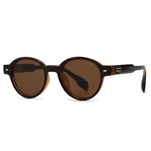 Lunettes de soleil rétro à monture ronde et verres polarisés bruns, unisexes et anti-UV.
