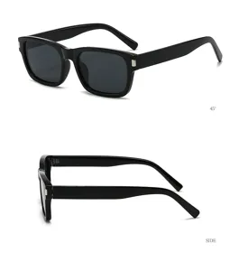 Detailansicht der schwarzen quadratischen Sonnenbrille mit schicken Nieten und dunklen Gläsern.