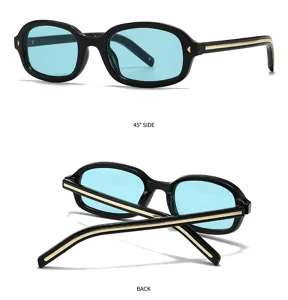 Gafas de sol negras retro elegantes con lentes azul claro y detalles dorados elegantes.