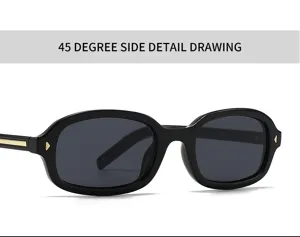Vista lateral de 45 grados de gafas de sol negras retro con detalles metálicos.
