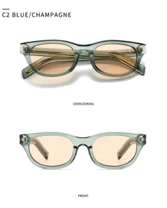 Trendy blauwe champagne zonnebril met stijlvolle acetaat monturen en prachtige gradient lenzen.
