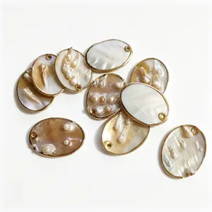 Natural Mother Of Pearl Shell Oval Pendant Electroplated Edge Baroque Pendant DIY Handmade Necklace Jewelry Accessory