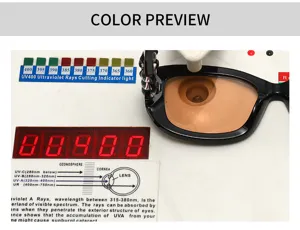 Detailaufnahme einer schwarzen Damen Sonnenbrille mit Kettenbugeln beim UV400 Test.