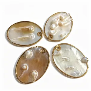 Natural mother of pearl oval pendant with baroque pearls, gold plated edge diy jewelry making.