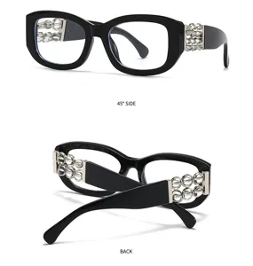 Chice schwarze Modebrille mit kristallbesetzten Bügeln, Vintage Barock Stil optischer Rahmen.