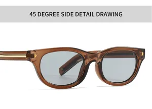 Detailweergave onder 45 graden van bruine retro zonnebril met gouden accenten op de pootjes.