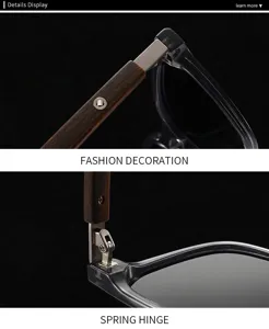 Occhiali da sole dettaglio uomo donna con aste effetto legno e cerniera a molla resistente.