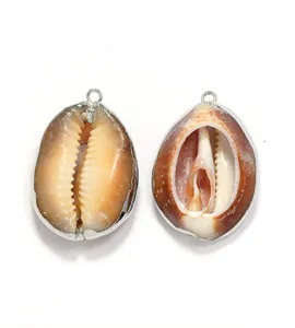 Silver plated black cowrie shell slice pendant jewelry accessory for DIY crafting.