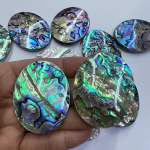 Gros plan du pendentif en coquille d'ormeau ovale montrant des couleurs irisées et une surface.