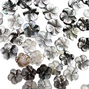 Natural black mother-of-pearl carved flower shell beads, 12mm loose beads for DIY jewelry making.