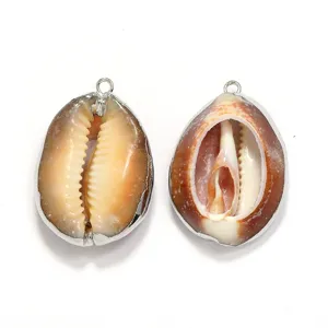 Silver-edged natural cowrie shell pendants with single hanging ring for jewelry making crafts.