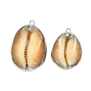 Natural cowrie shell pendant with silver plated edge, DIY jewelry making accessory.