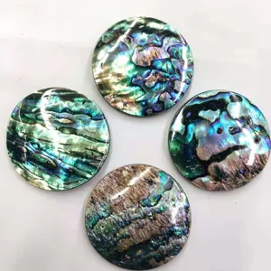 Close-up of four natural New Zealand abalone shell circles, vibrant colors, DIY jewelry parts.