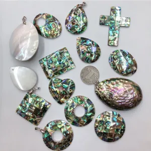 Abalone shell mosaic and white shell DIY pendants, natural colorful material for jewelry making details.