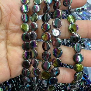 Freshwater shell round coin beads with AB iridescent color for DIY handmade jewelry making.