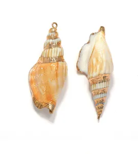 Close-up detail of electroplated gold-rimmed conch shell pendant jewelry accessory.