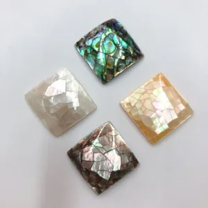 Vue rapprochée détaillée d'accessoires d'incrustation en mosaïque de coquille d'ormeau.