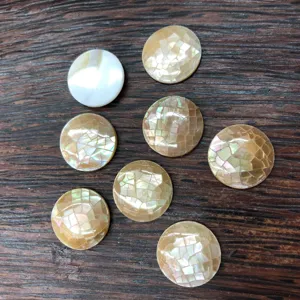 Gros plan détaillé de boutons en mosaïque de coquille d'abalone avec texture perlée irisée.