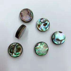 Vue détail des cabochons en coquille d'ormeau avec éclat coloré naturel et surface ronde.