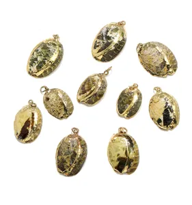 Detailed view of natural green abalone shell pendants with gold-plated edges for women jewelry making.