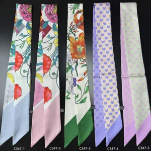 French Style Printed Twilly Skinny Scarf Women Floral Geometric Polyester Neck Scarf Hair Band Bag Decoration