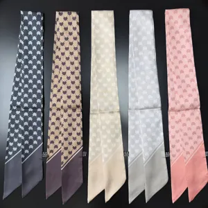 French twill skinny silk scarf set, elegant heart pattern long hairband and bag ribbon decor.