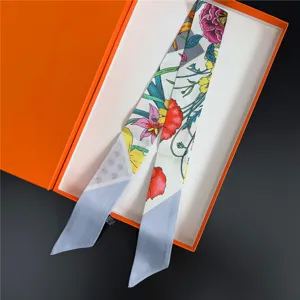 French style twill silk skinny scarf floral geometric print elegant neck and bag ribbon accessory