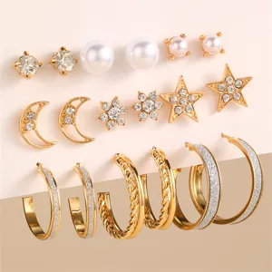 Gold Crown Star Moon Stud Earrings Set For Women Alloy Rhinestone Artificial Pearl Thread Hoop Earrings Fashion Jewelry Gift